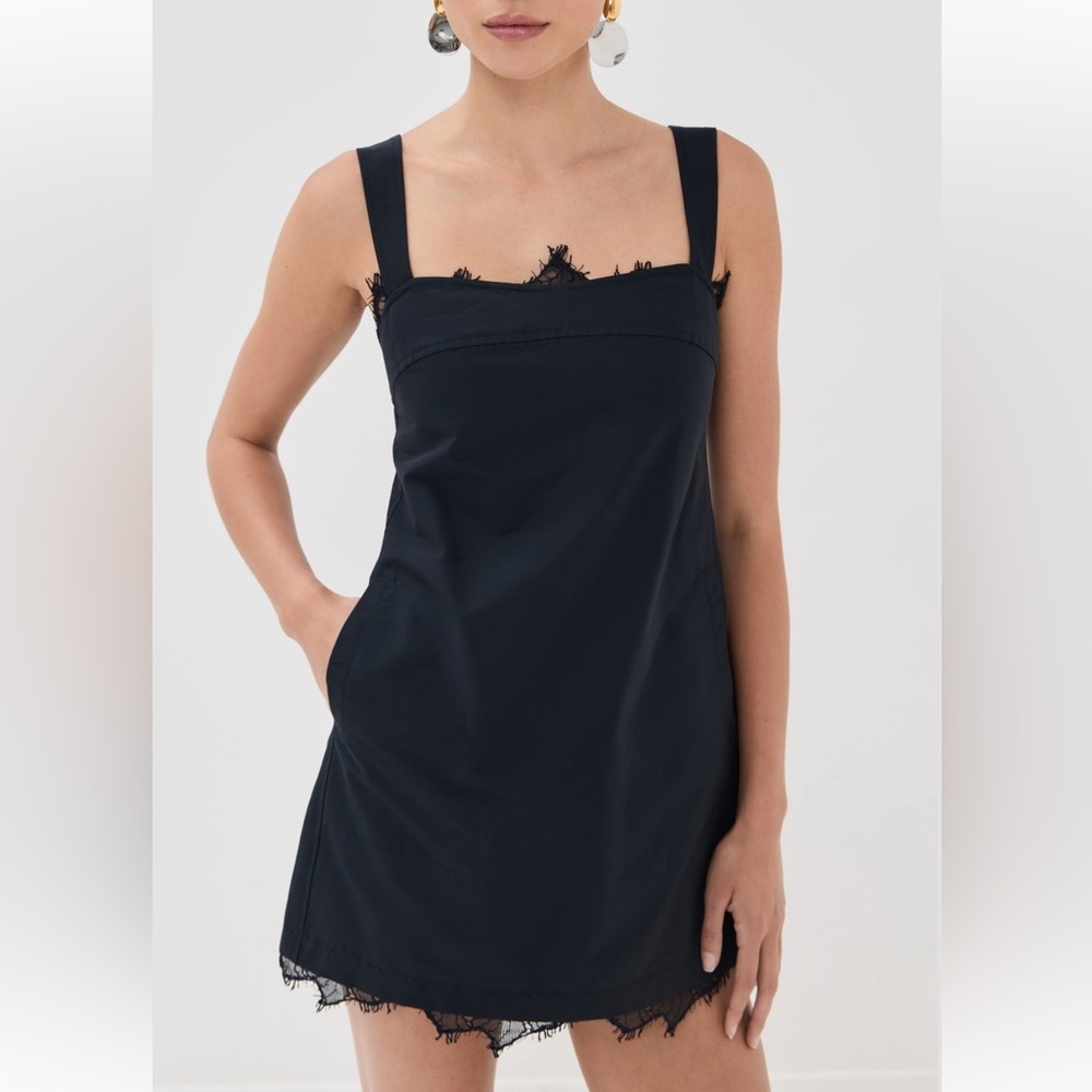 NWOT SIMKHAI Sloan LBD A-Line Black Mini Dress | Square Neck, Lace Trim, Pockets